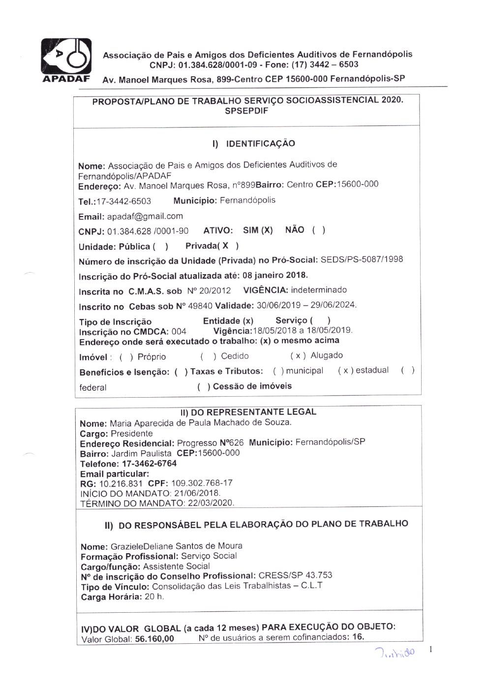 Página 1 de Plano de Trabalho — Proteção Social Especial de Média Complexidade — 2020