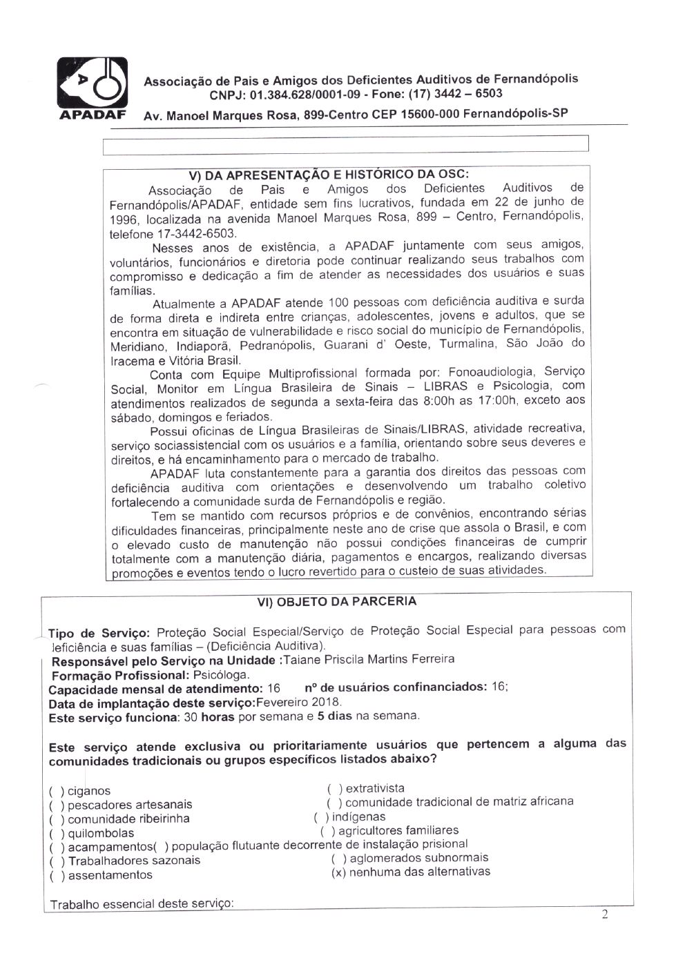 Página 2 de Plano de Trabalho — Proteção Social Especial de Média Complexidade — 2020