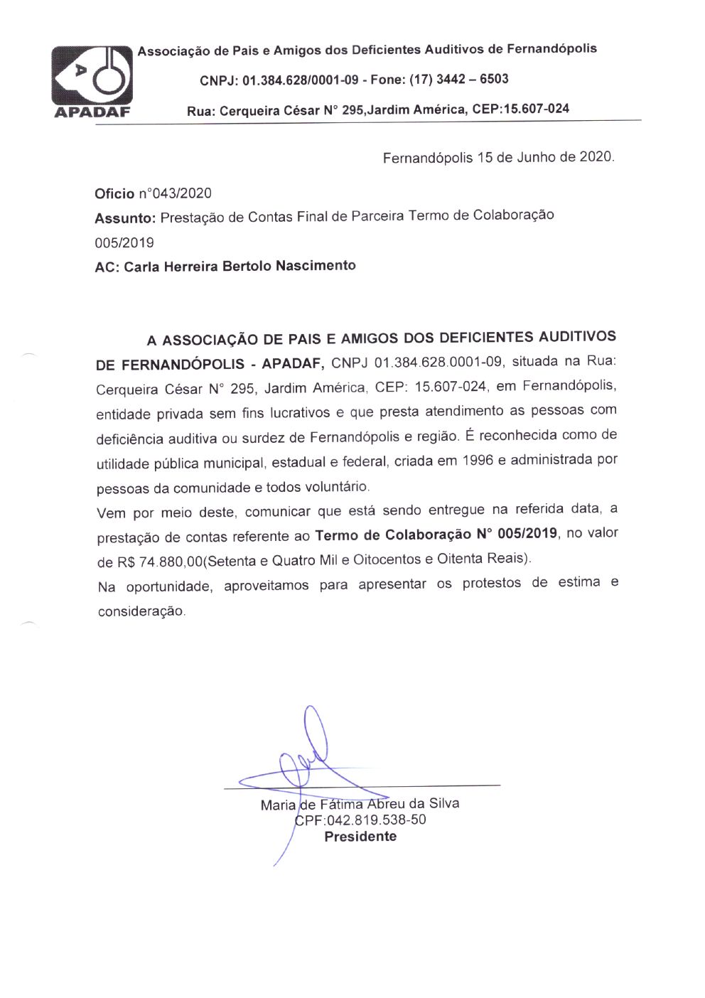 Página 2 de Prestação de Contas Final da Parceria — Média Complexidade — Termo de Colaboração nº 005/2019