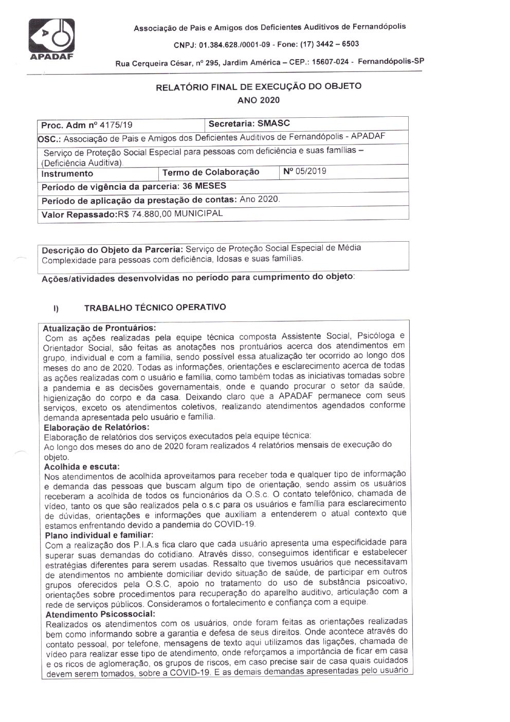 Página 3 de Prestação de Contas Final da Parceria — Média Complexidade — Termo de Colaboração nº 005/2019