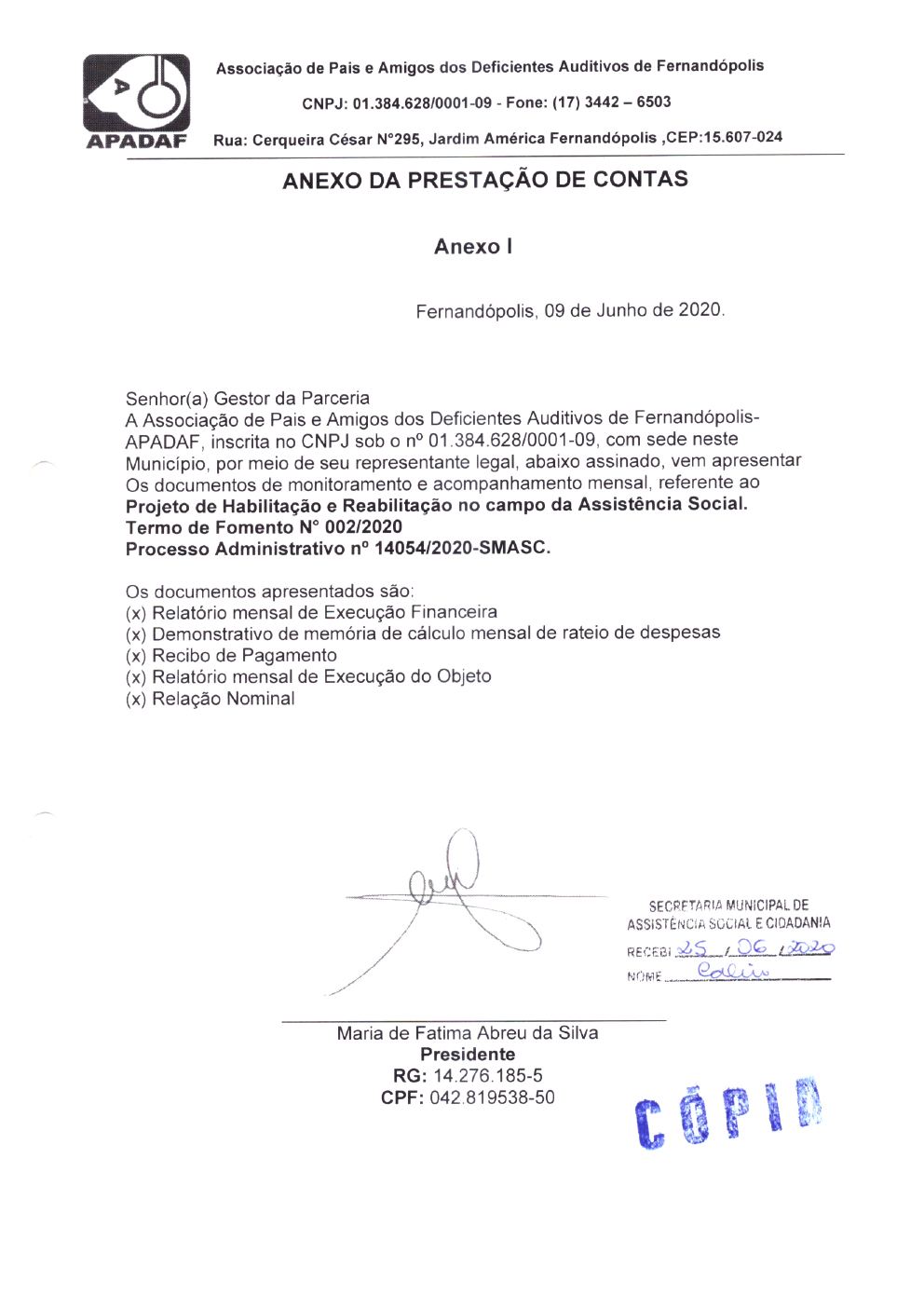 Página 1 de Prestação de Contas Mensal — Habilitação e Reabilitação — 1ª Parcela — Junho/2020