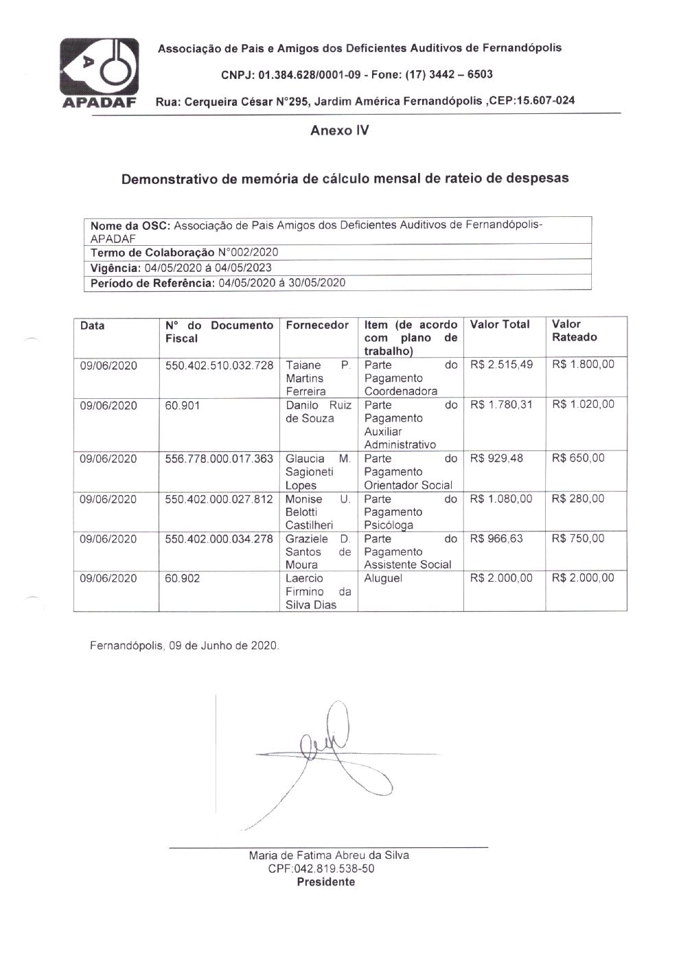 Página 2 de Prestação de Contas Mensal — Habilitação e Reabilitação — 1ª Parcela — Junho/2020