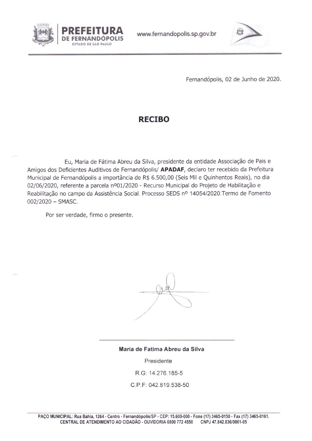 Página 3 de Prestação de Contas Mensal — Habilitação e Reabilitação — 1ª Parcela — Junho/2020