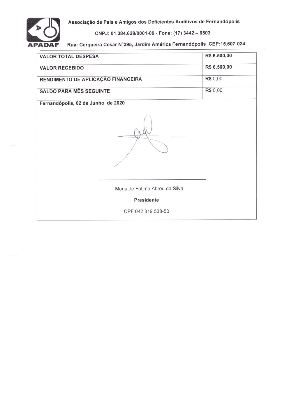 Página 5 de Prestação de Contas Mensal — Habilitação e Reabilitação — 1ª Parcela — Junho/2020