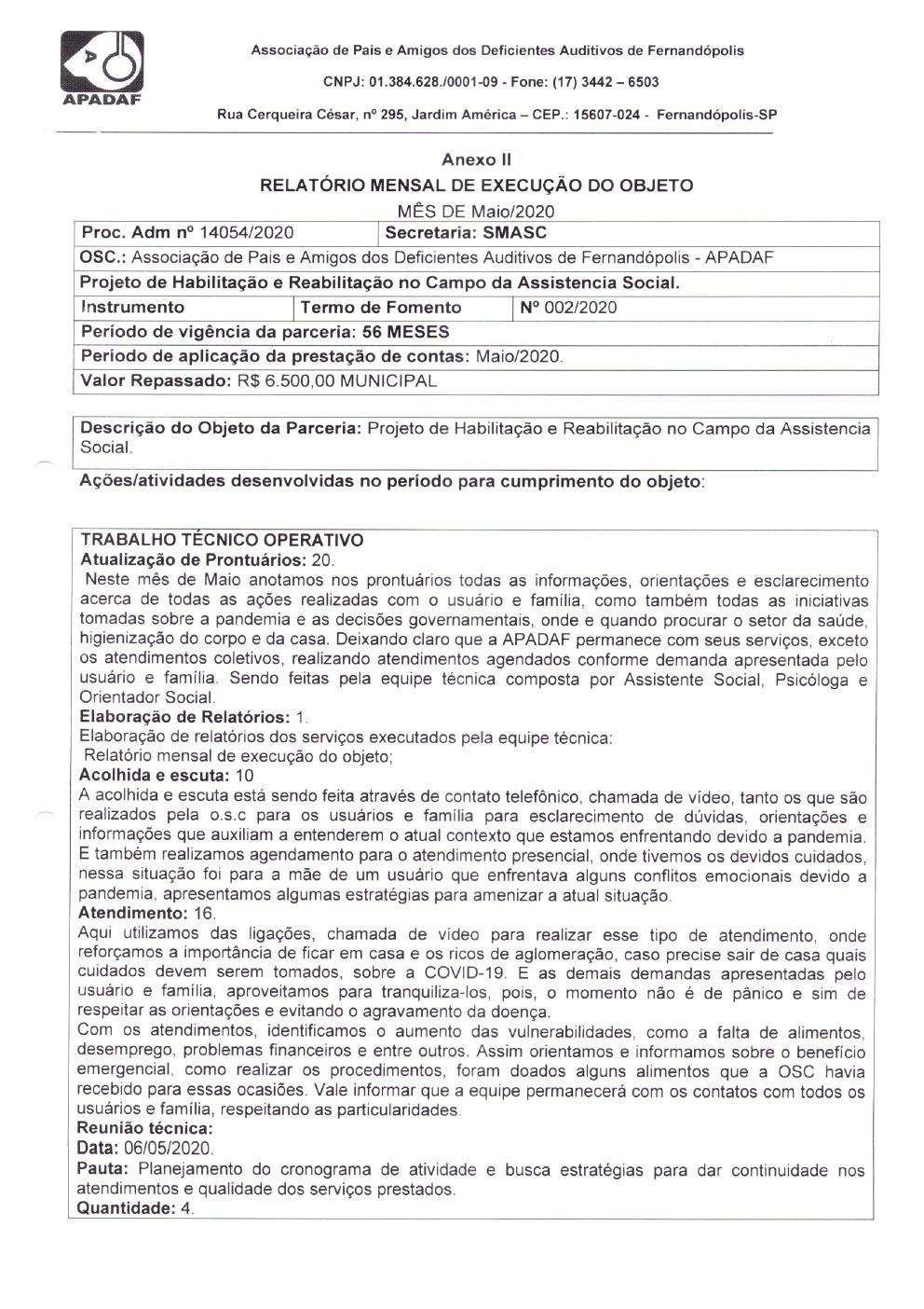 Página 6 de Prestação de Contas Mensal — Habilitação e Reabilitação — 1ª Parcela — Junho/2020