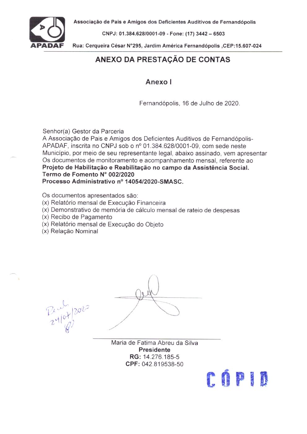 Página 1 de Prestação de Contas Mensal — Habilitação e Reabilitação — 2ª Parcela — Julho/2020