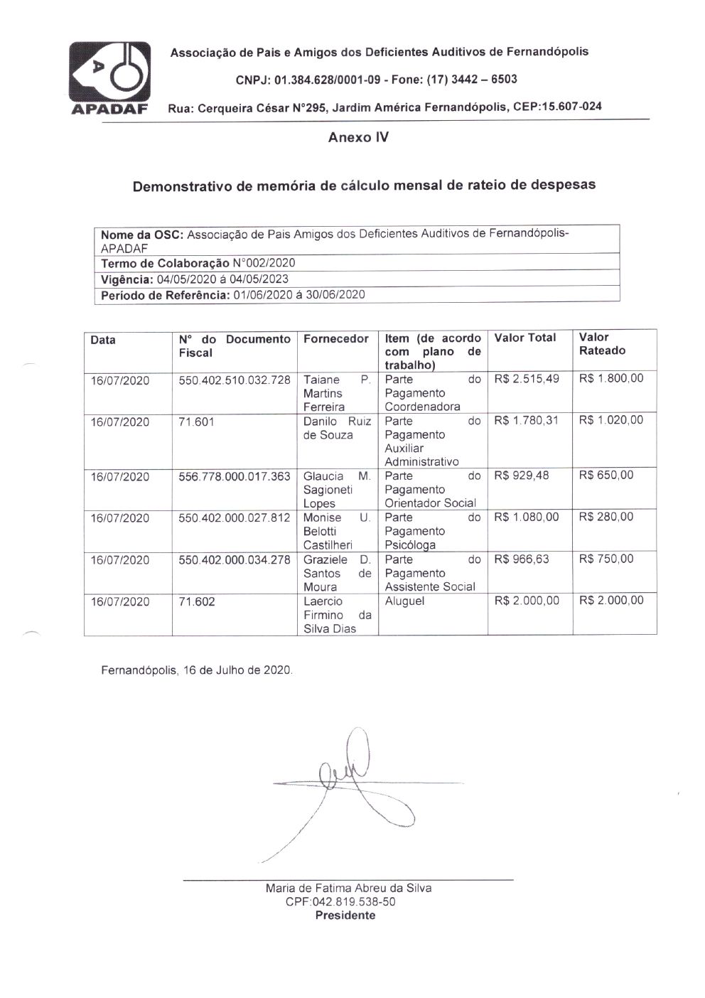 Página 3 de Prestação de Contas Mensal — Habilitação e Reabilitação — 2ª Parcela — Julho/2020