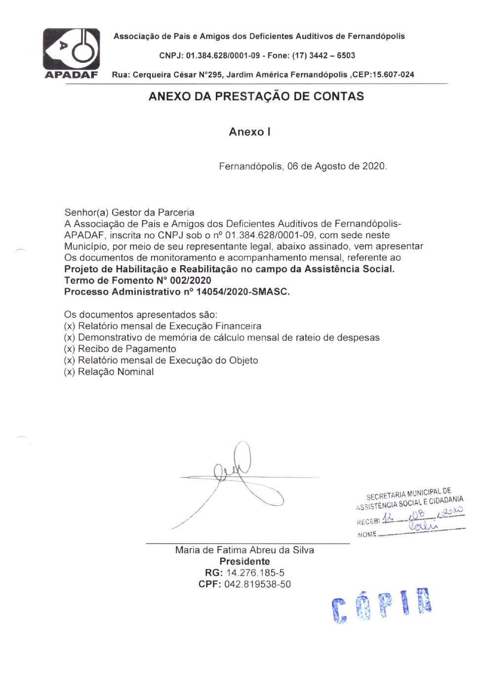 Página 1 de Prestação de Contas Mensal — Habilitação e Reabilitação — 3ª Parcela — Agosto/2020