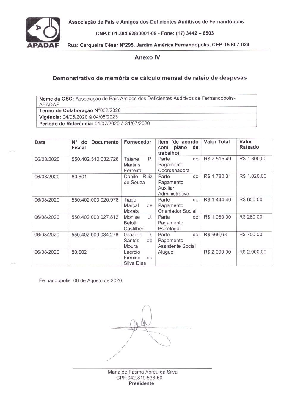 Página 4 de Prestação de Contas Mensal — Habilitação e Reabilitação — 3ª Parcela — Agosto/2020