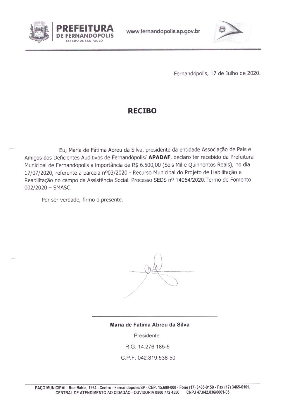 Página 5 de Prestação de Contas Mensal — Habilitação e Reabilitação — 3ª Parcela — Agosto/2020