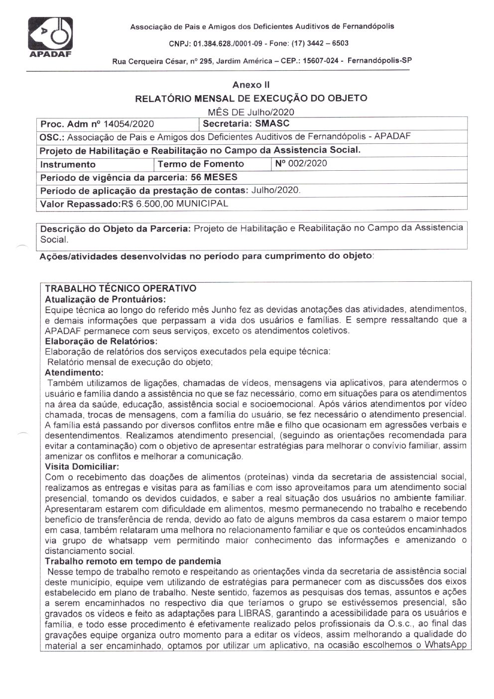 Página 6 de Prestação de Contas Mensal — Habilitação e Reabilitação — 3ª Parcela — Agosto/2020