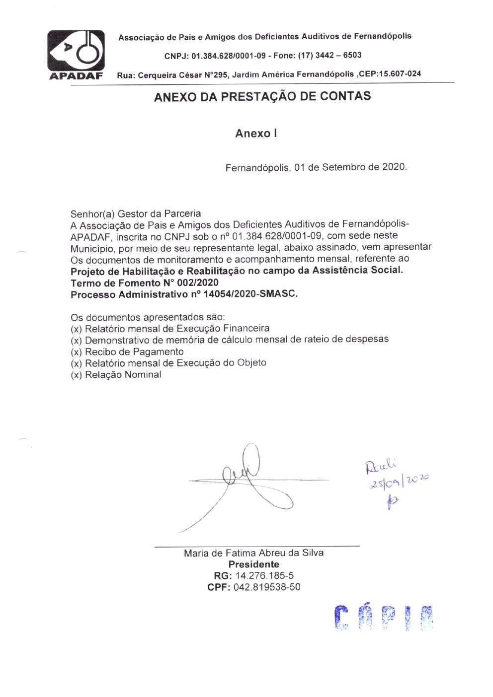 Página 1 de Prestação de Contas Mensal — Habilitação e Reabilitação — 4ª Parcela — Setembro/2020