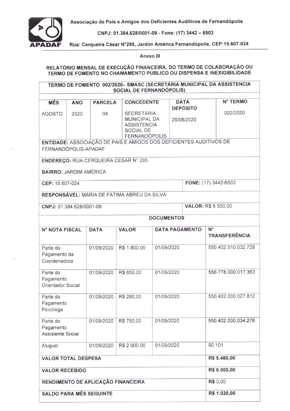 Página 2 de Prestação de Contas Mensal — Habilitação e Reabilitação — 4ª Parcela — Setembro/2020
