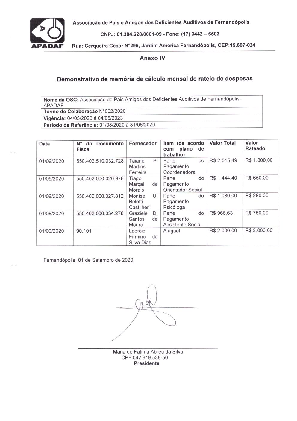 Página 4 de Prestação de Contas Mensal — Habilitação e Reabilitação — 4ª Parcela — Setembro/2020