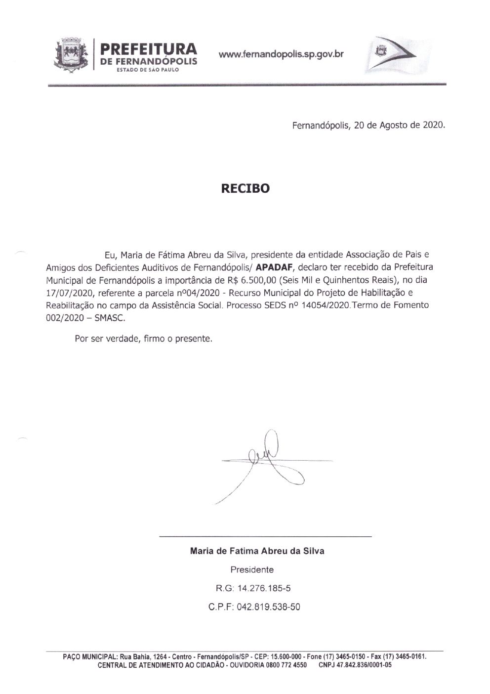 Página 5 de Prestação de Contas Mensal — Habilitação e Reabilitação — 4ª Parcela — Setembro/2020