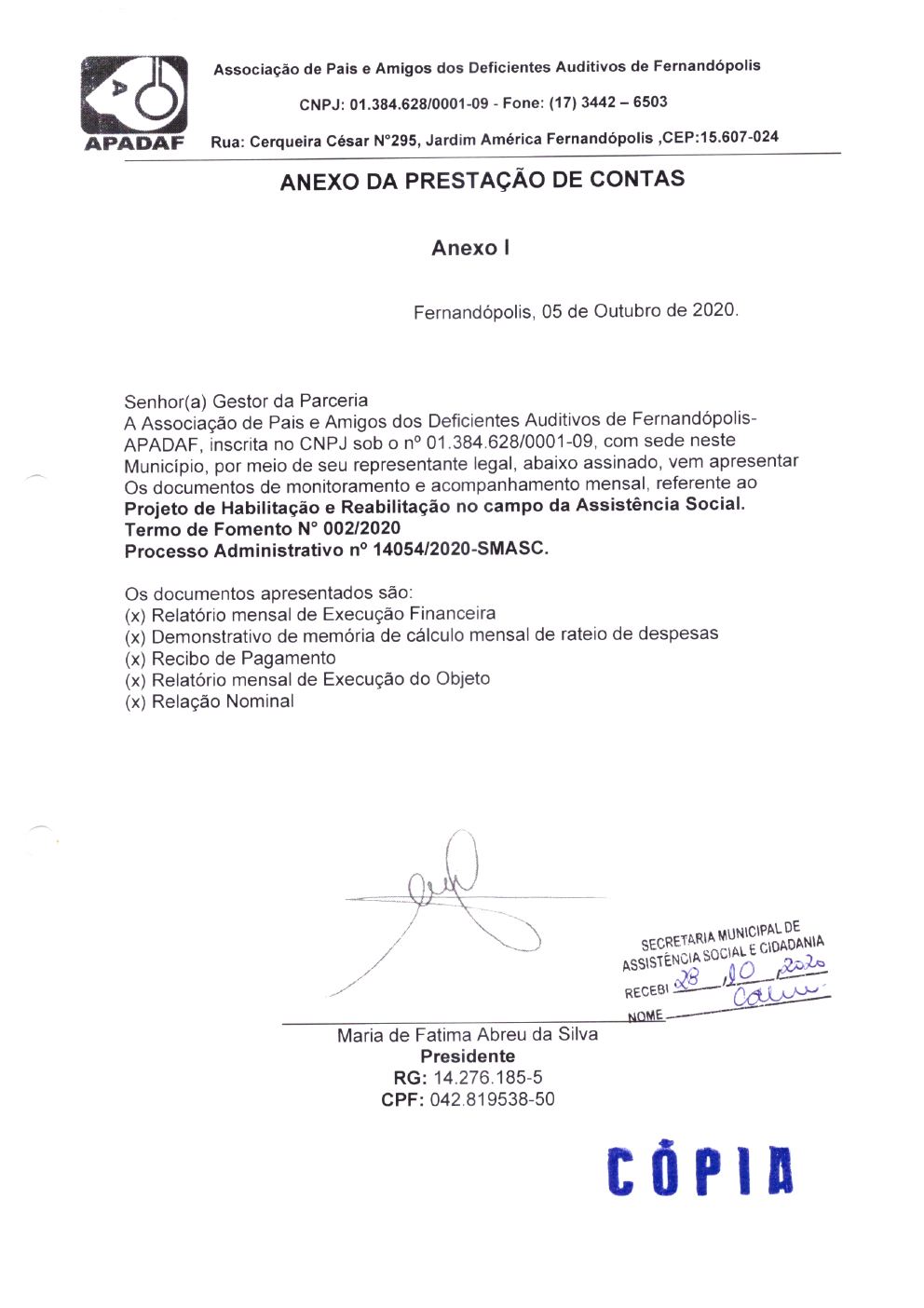 Página 1 de Prestação de Contas Mensal — Habilitação e Reabilitação — 5ª Parcela — Outubro/2020