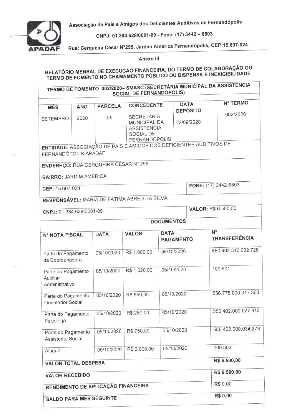 Página 2 de Prestação de Contas Mensal — Habilitação e Reabilitação — 5ª Parcela — Outubro/2020