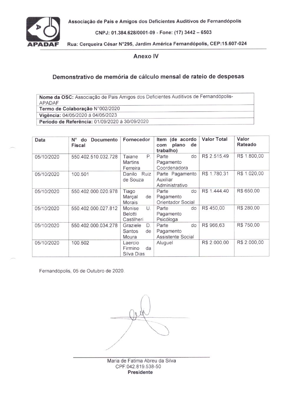 Página 3 de Prestação de Contas Mensal — Habilitação e Reabilitação — 5ª Parcela — Outubro/2020