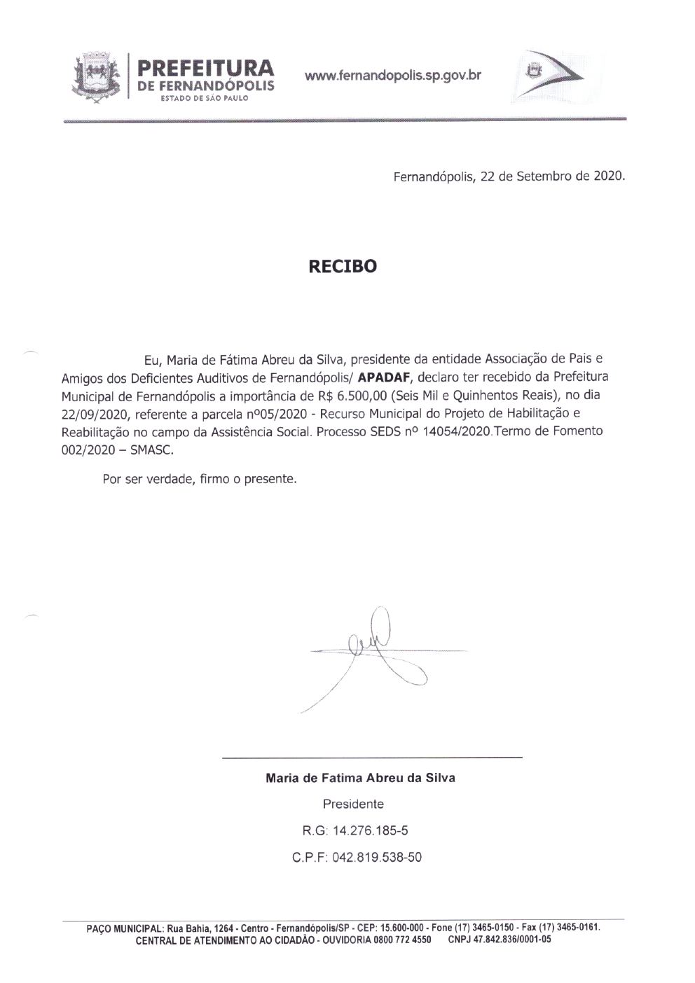 Página 4 de Prestação de Contas Mensal — Habilitação e Reabilitação — 5ª Parcela — Outubro/2020