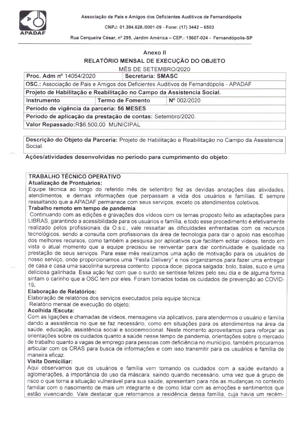 Página 5 de Prestação de Contas Mensal — Habilitação e Reabilitação — 5ª Parcela — Outubro/2020