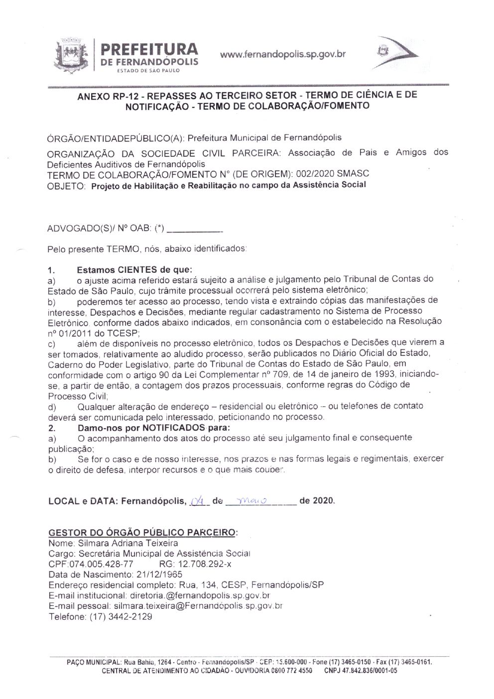 Página 1 de Termo de Ciência e Notificação — Termo de Fomento nº 002/2020 — Habilitação e Reabilitação