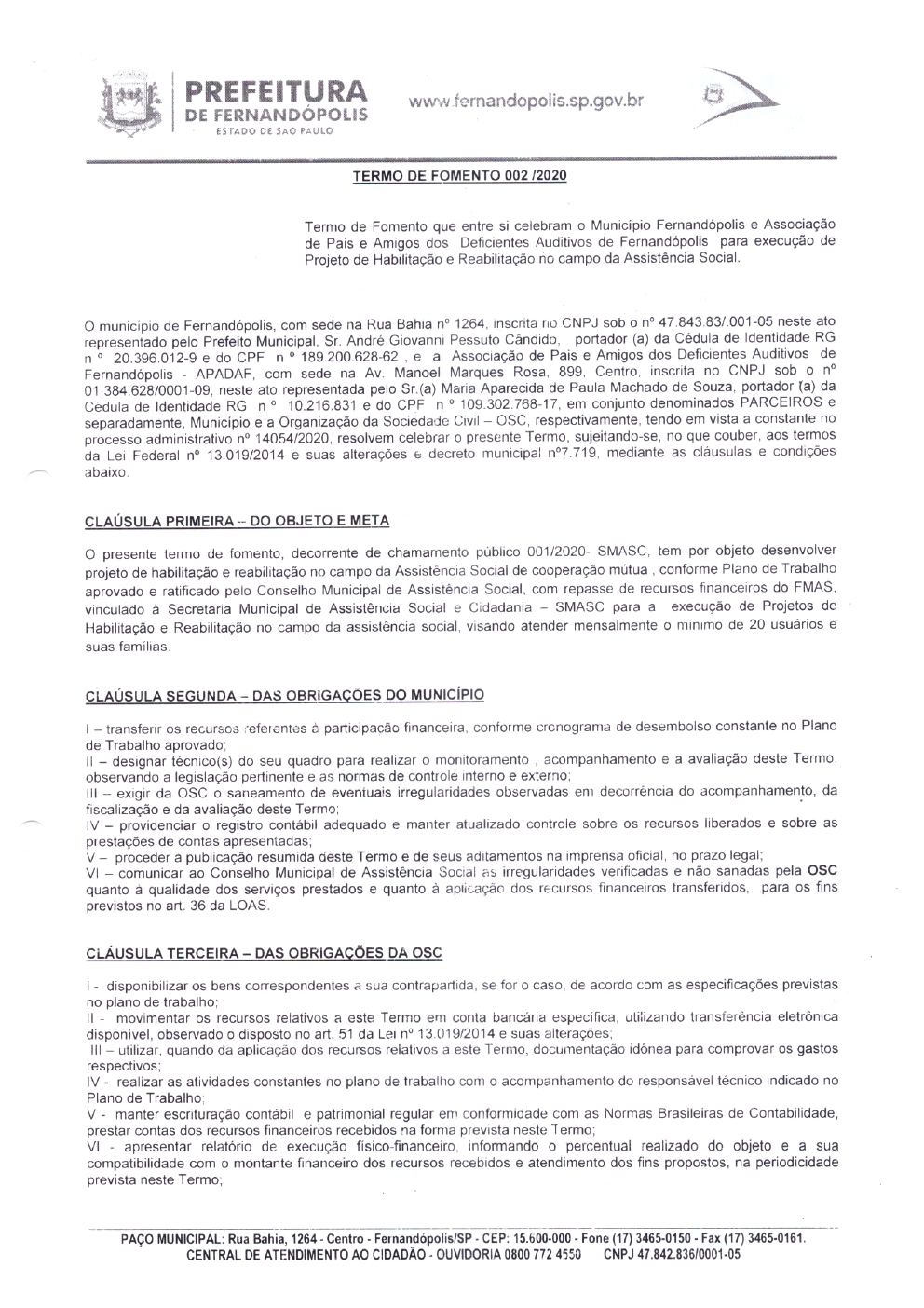 Página 1 de Termo de Fomento nº 002/2020 — Habilitação e Reabilitação — 2020