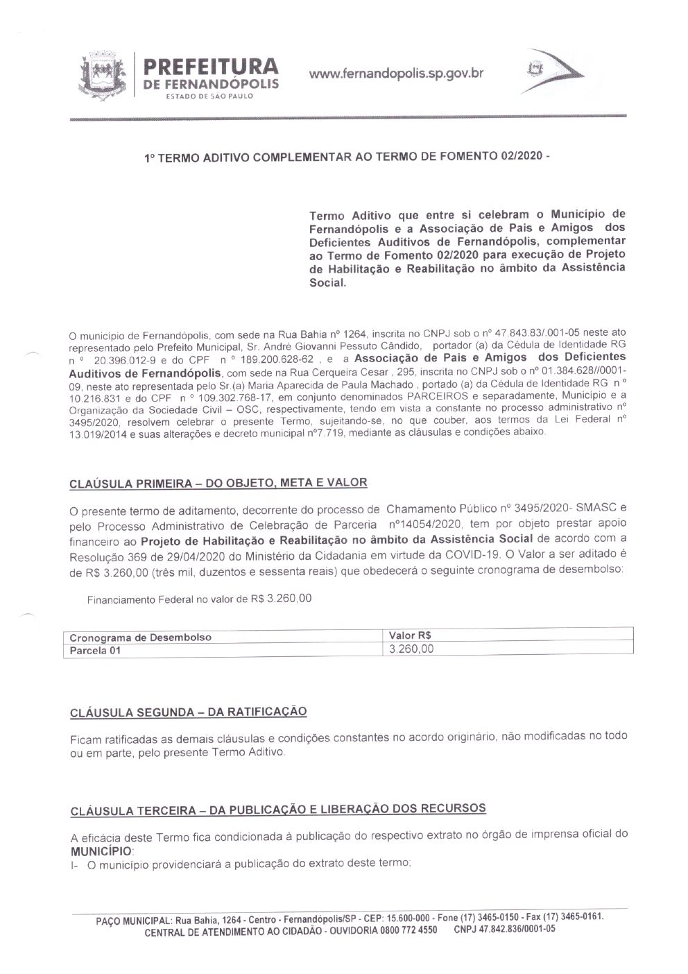 Página 1 de 1º Termo Aditivo Complementar ao Termo de Fomento nº 002/2020 — COVID-19 — 2020