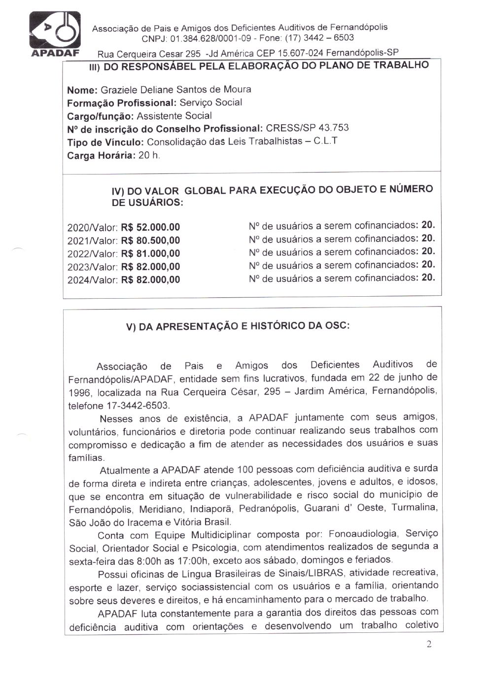 Página 2 de Plano de Trabalho — Projeto de Habilitação e Reabilitação — 2020-2024