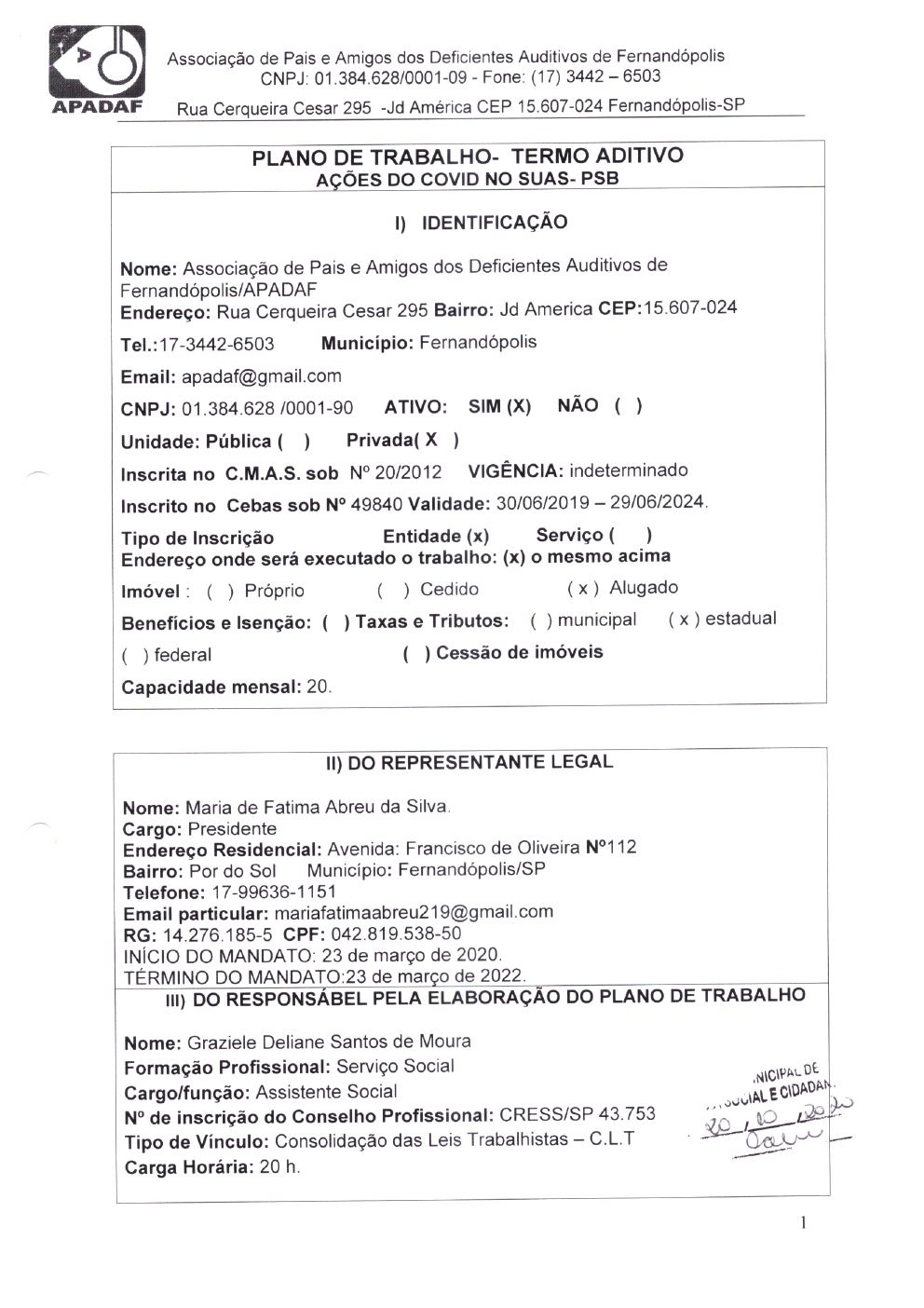 Página 1 de Plano de Trabalho do Termo Aditivo — Ações do COVID no SUAS (PSB) — 2020