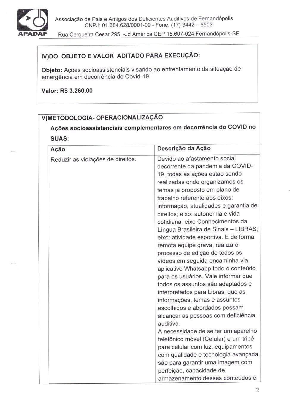 Página 2 de Plano de Trabalho do Termo Aditivo — Ações do COVID no SUAS (PSB) — 2020