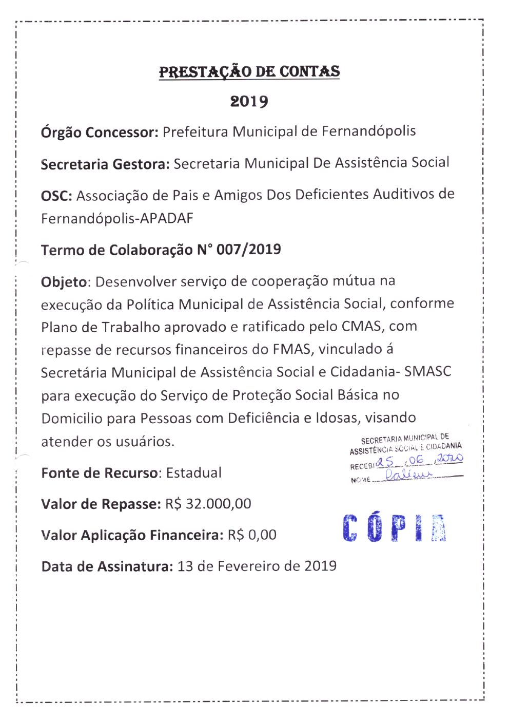 Página 1 de Prestação de Contas — Documentos Comprobatórios — Volume 1 — 2019/2020