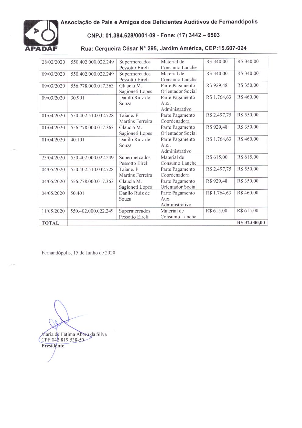 Página 16 de Prestação de Contas — Documentos Comprobatórios — Volume 1 — 2019/2020