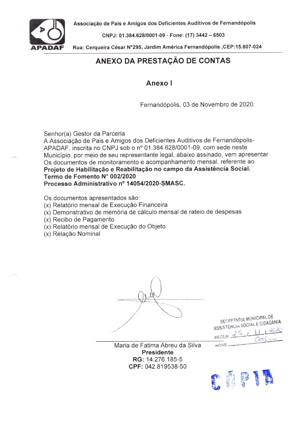Página 1 de Prestação de Contas Mensal — Habilitação e Reabilitação — 6ª Parcela — Novembro/2020