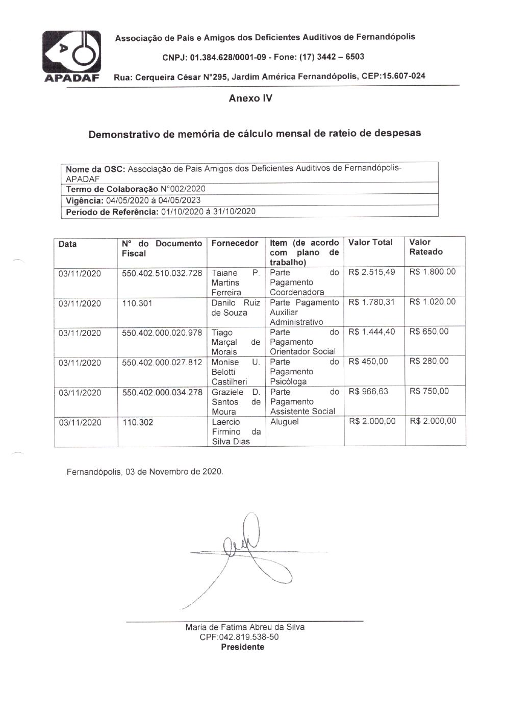 Página 2 de Prestação de Contas Mensal — Habilitação e Reabilitação — 6ª Parcela — Novembro/2020