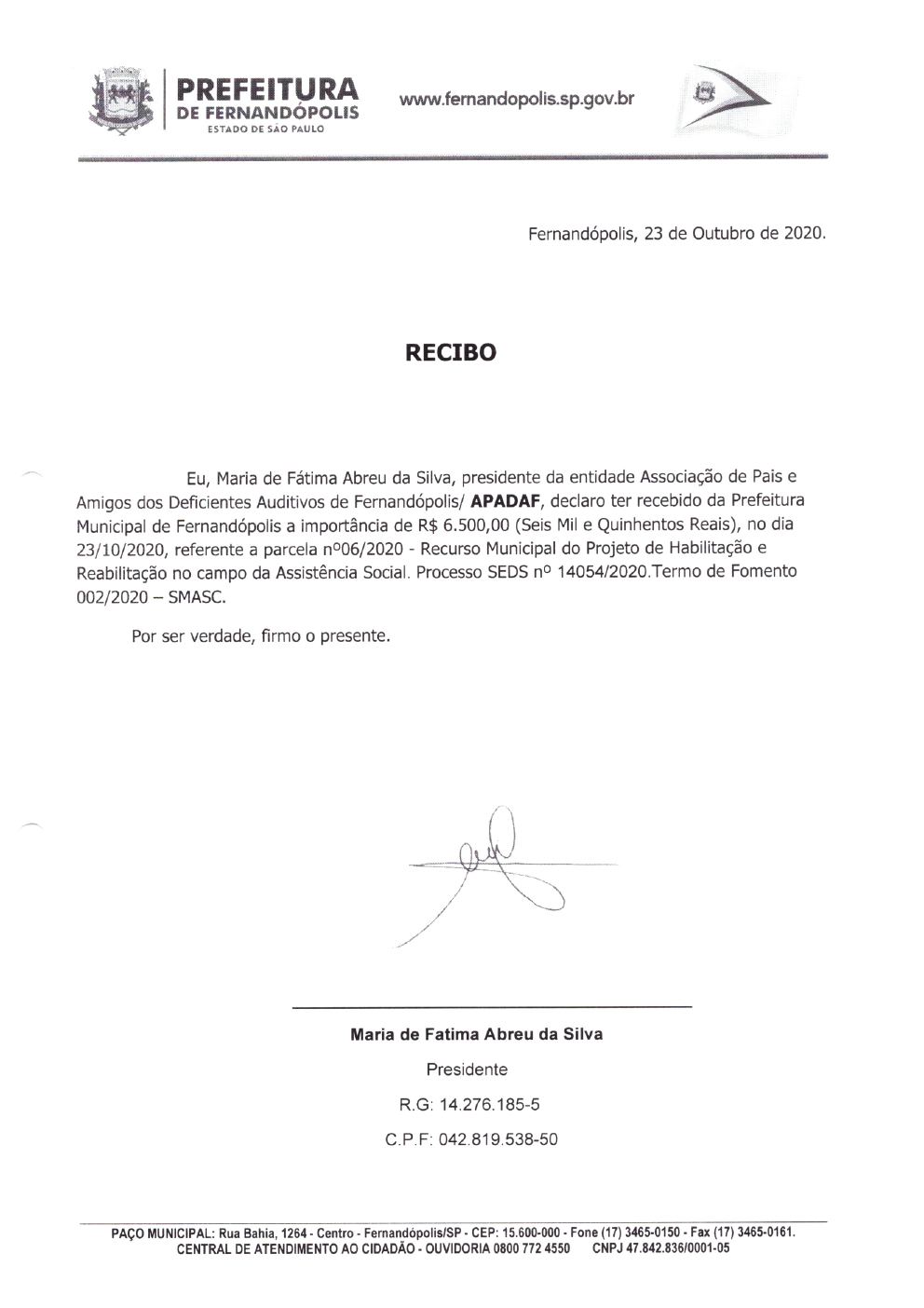 Página 3 de Prestação de Contas Mensal — Habilitação e Reabilitação — 6ª Parcela — Novembro/2020