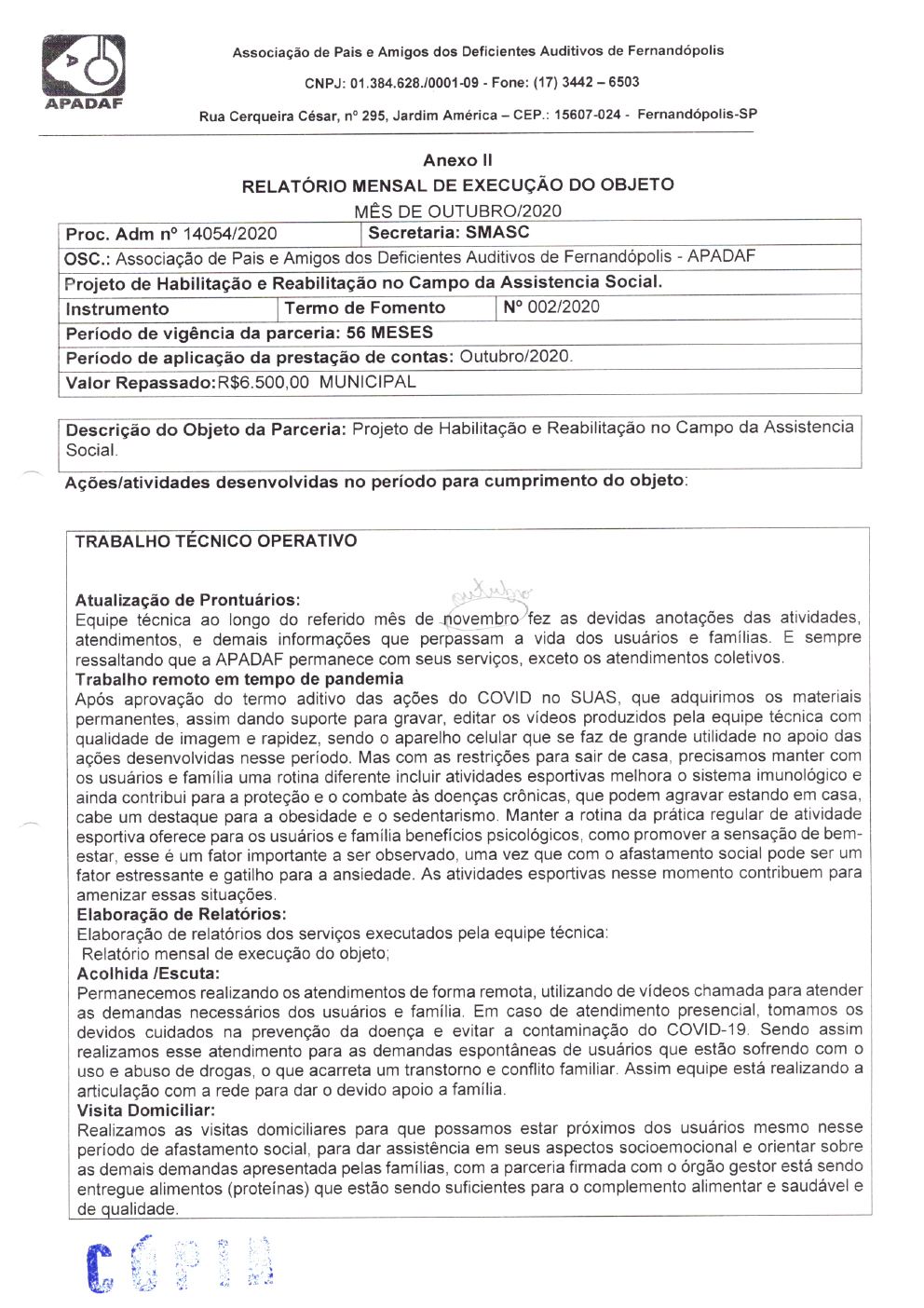 Página 6 de Prestação de Contas Mensal — Habilitação e Reabilitação — 6ª Parcela — Novembro/2020