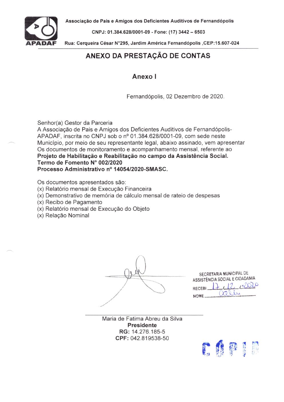 Página 1 de Prestação de Contas Mensal — Habilitação e Reabilitação — 7ª Parcela — Dezembro/2020