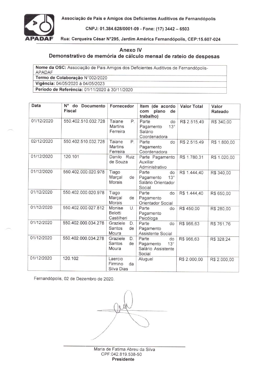 Página 4 de Prestação de Contas Mensal — Habilitação e Reabilitação — 7ª Parcela — Dezembro/2020