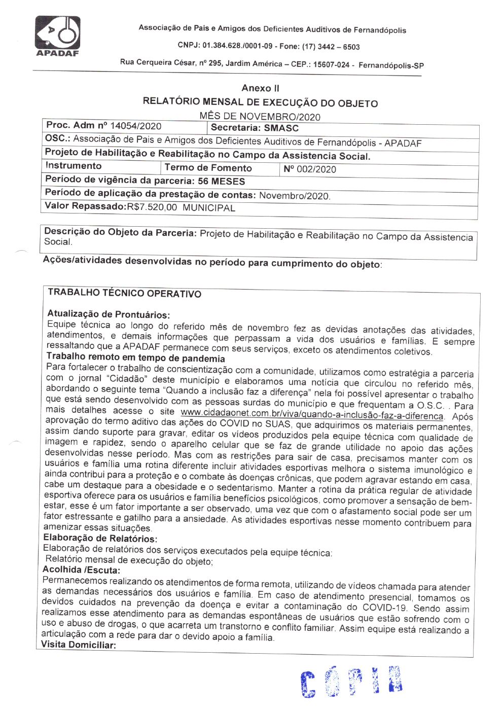 Página 6 de Prestação de Contas Mensal — Habilitação e Reabilitação — 7ª Parcela — Dezembro/2020