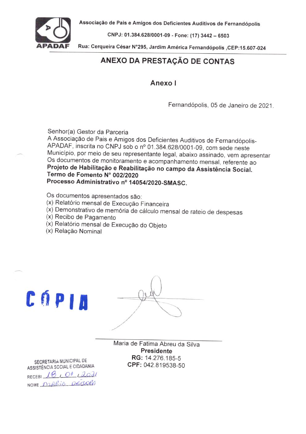 Página 1 de Prestação de Contas Mensal — Habilitação e Reabilitação — 8ª Parcela — Janeiro/2021