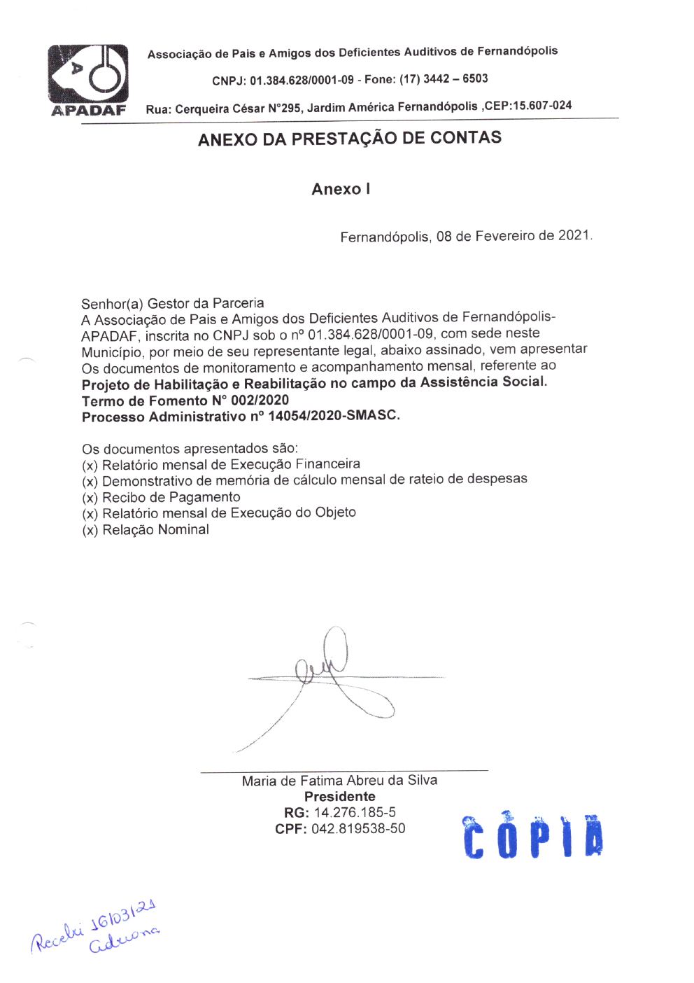 Página 1 de Prestação de Contas Mensal — Habilitação e Reabilitação — 1ª Parcela — Fevereiro/2021