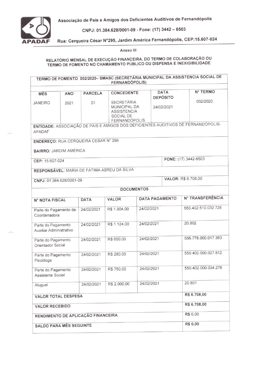 Página 2 de Prestação de Contas Mensal — Habilitação e Reabilitação — 1ª Parcela — Fevereiro/2021