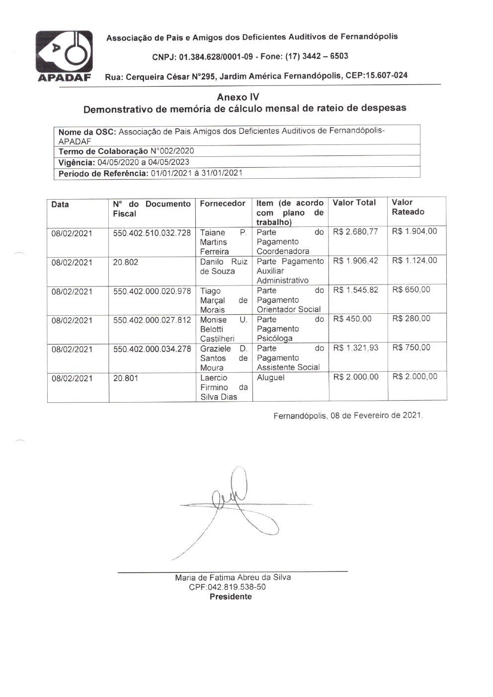 Página 4 de Prestação de Contas Mensal — Habilitação e Reabilitação — 1ª Parcela — Fevereiro/2021