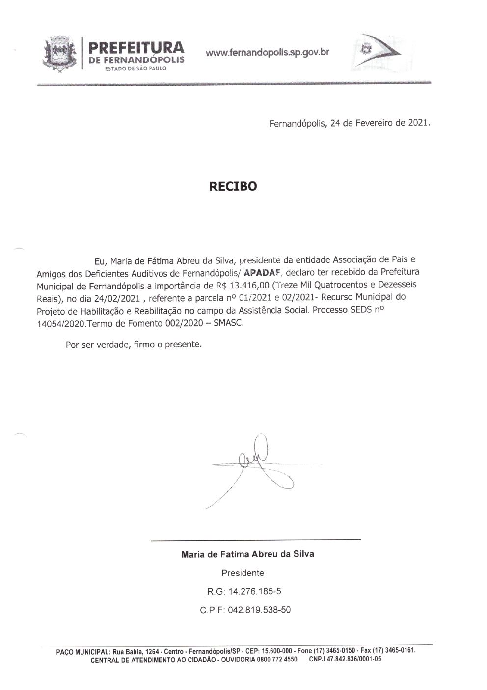 Página 5 de Prestação de Contas Mensal — Habilitação e Reabilitação — 1ª Parcela — Fevereiro/2021