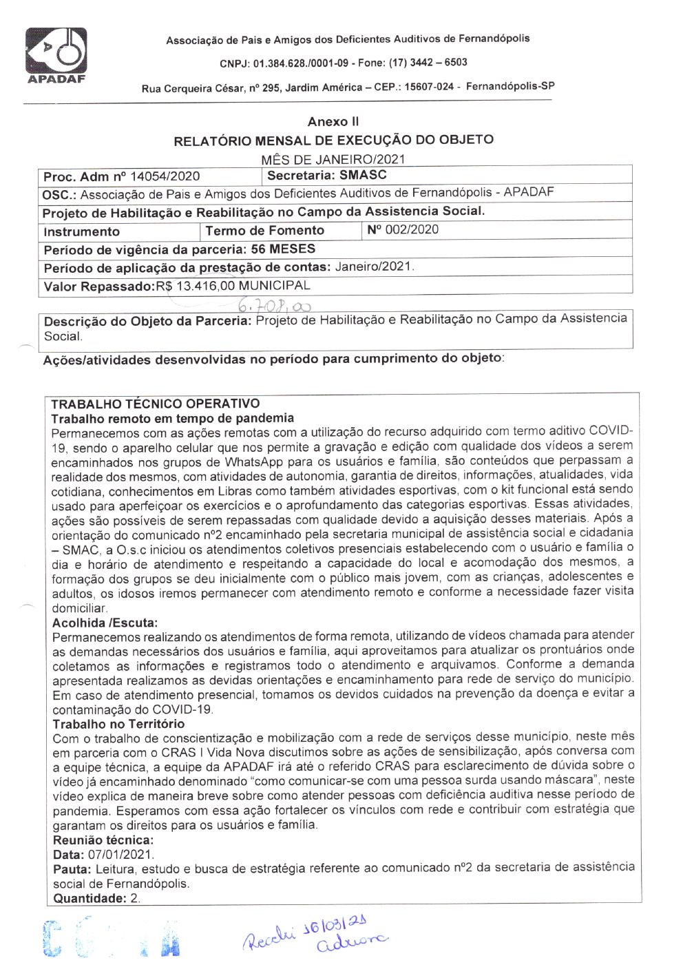 Página 6 de Prestação de Contas Mensal — Habilitação e Reabilitação — 1ª Parcela — Fevereiro/2021