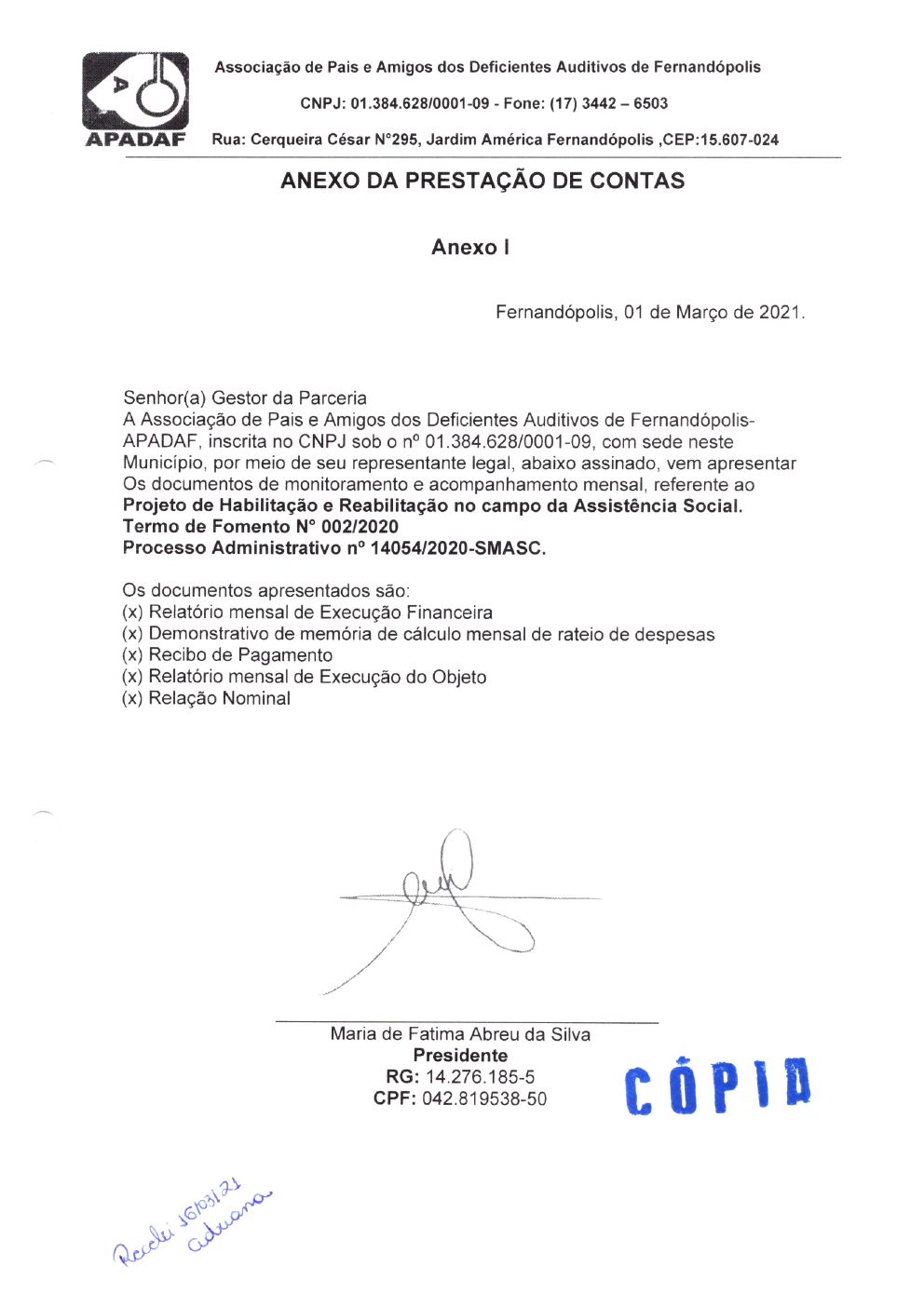 Página 1 de Prestação de Contas Mensal — Habilitação e Reabilitação — 2ª Parcela — Março/2021