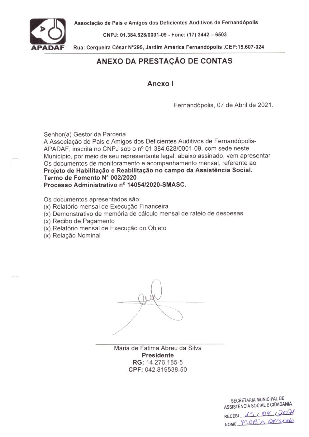 Página 1 de Prestação de Contas Mensal — Habilitação e Reabilitação — 3ª Parcela — Abril/2021