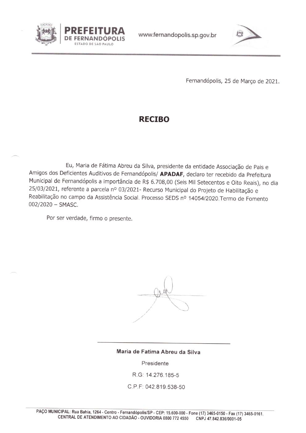 Página 5 de Prestação de Contas Mensal — Habilitação e Reabilitação — 3ª Parcela — Abril/2021