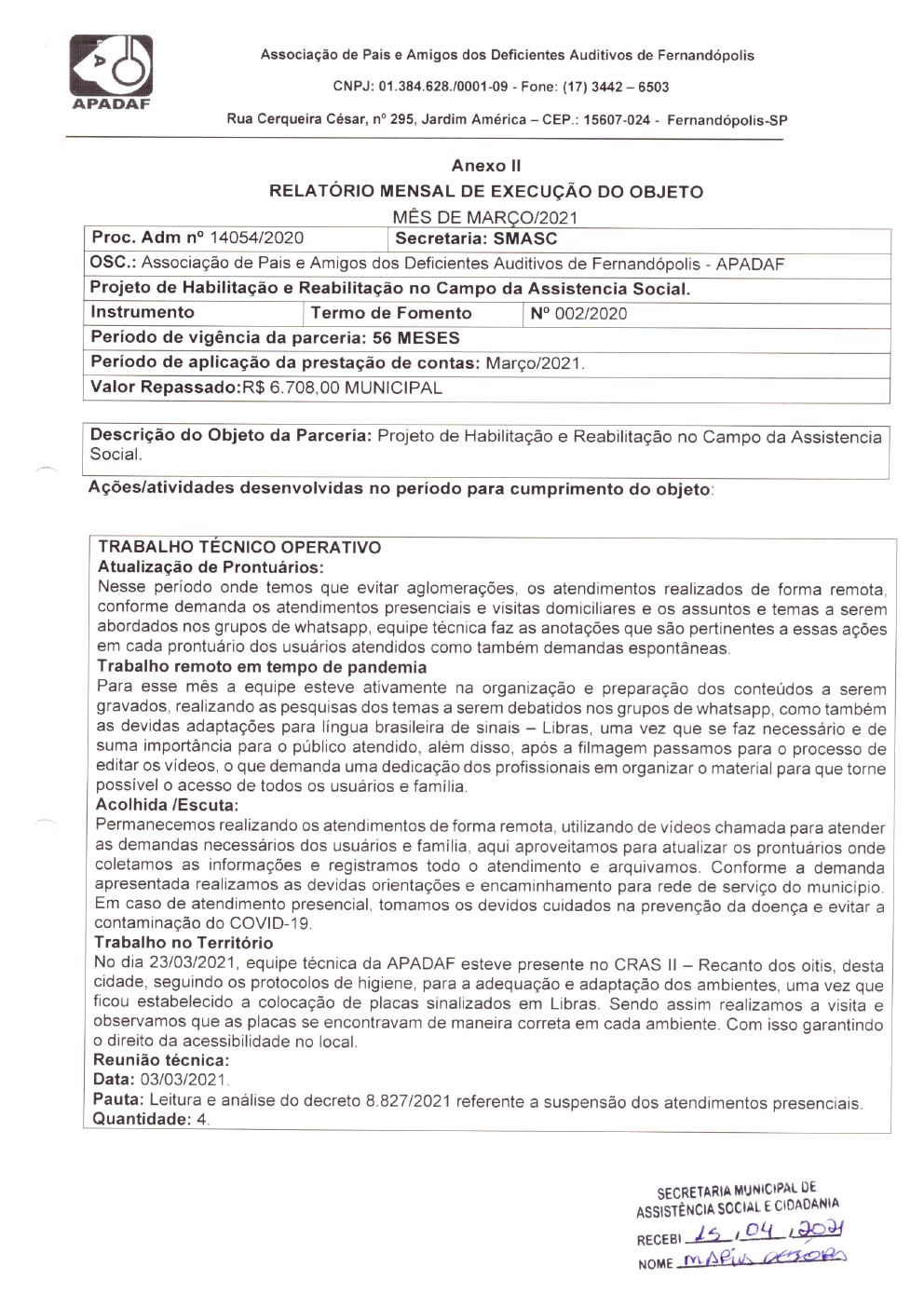Página 6 de Prestação de Contas Mensal — Habilitação e Reabilitação — 3ª Parcela — Abril/2021