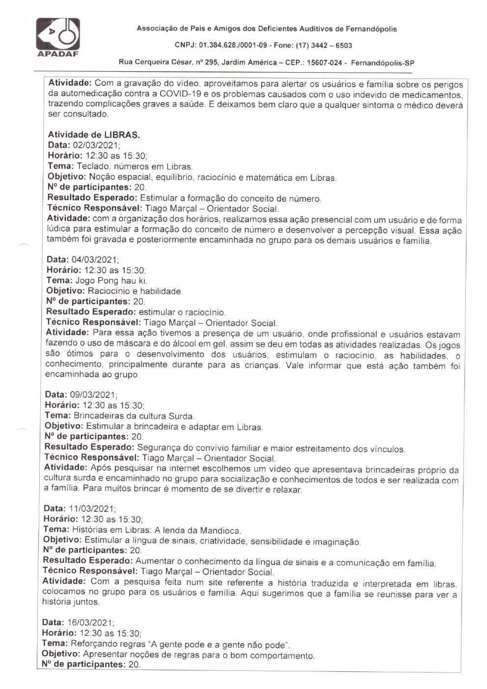 Página 8 de Prestação de Contas Mensal — Habilitação e Reabilitação — 3ª Parcela — Abril/2021